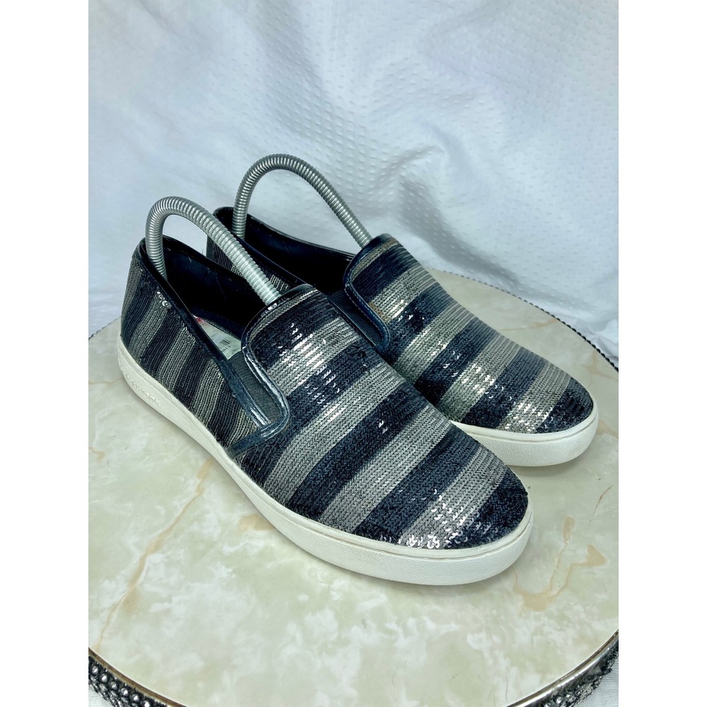 Michael Kors Sequin Striped Slip On Loafer Shoes Women 8.5 Black Silver Sneakers